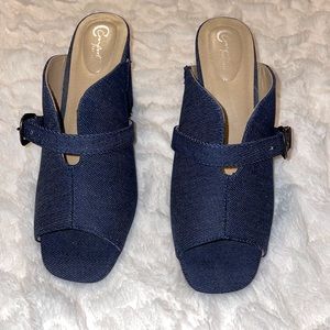 Open toe denim bootie